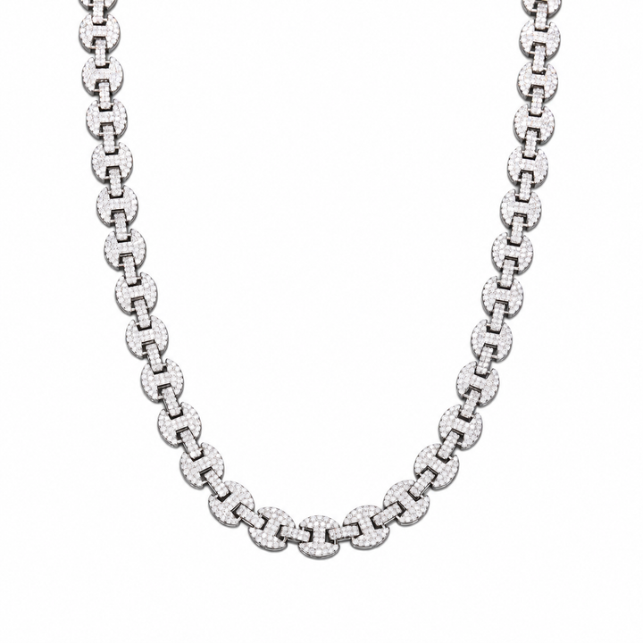 Silver-tone moissanite mariner link chain in a U-shaped drape on white