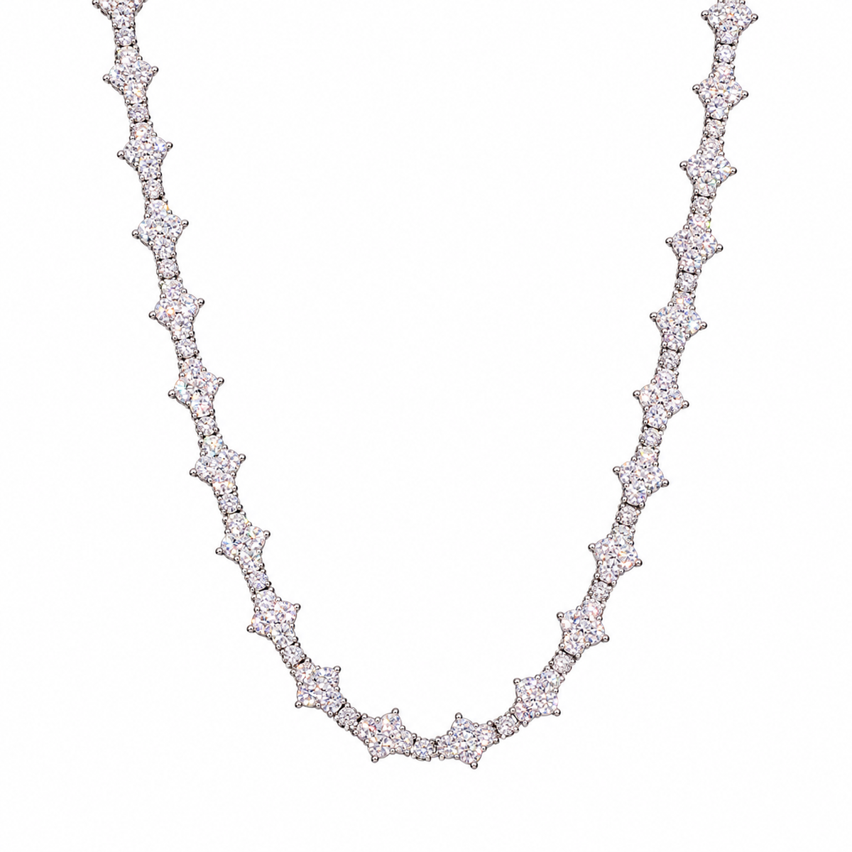 Silver-tone moissanite tennis chain in a U-shaped drape on white