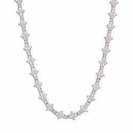Silver-tone moissanite tennis chain in a U-shaped drape on white