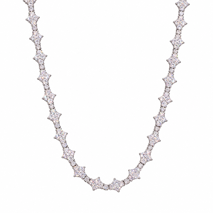 Silver-tone moissanite tennis chain in a U-shaped drape on white