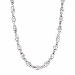 Silver-tone moissanite halo link chain in a U-shaped drape on white