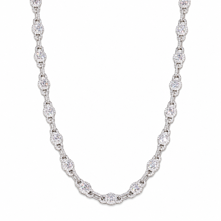 Silver-tone moissanite halo link chain in a U-shaped drape on white