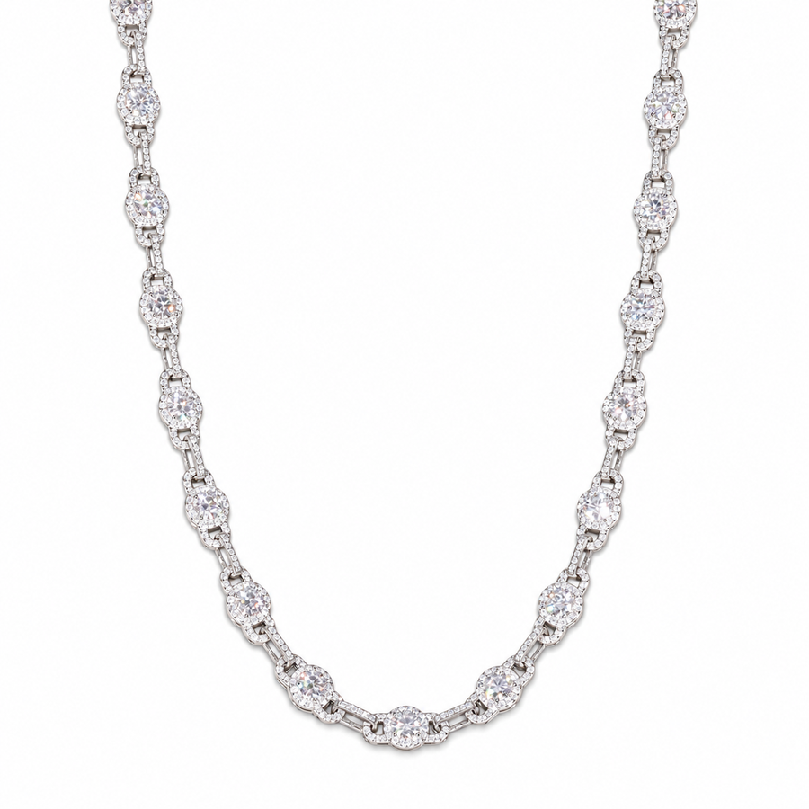 Silver-tone moissanite halo link chain in a U-shaped drape on white