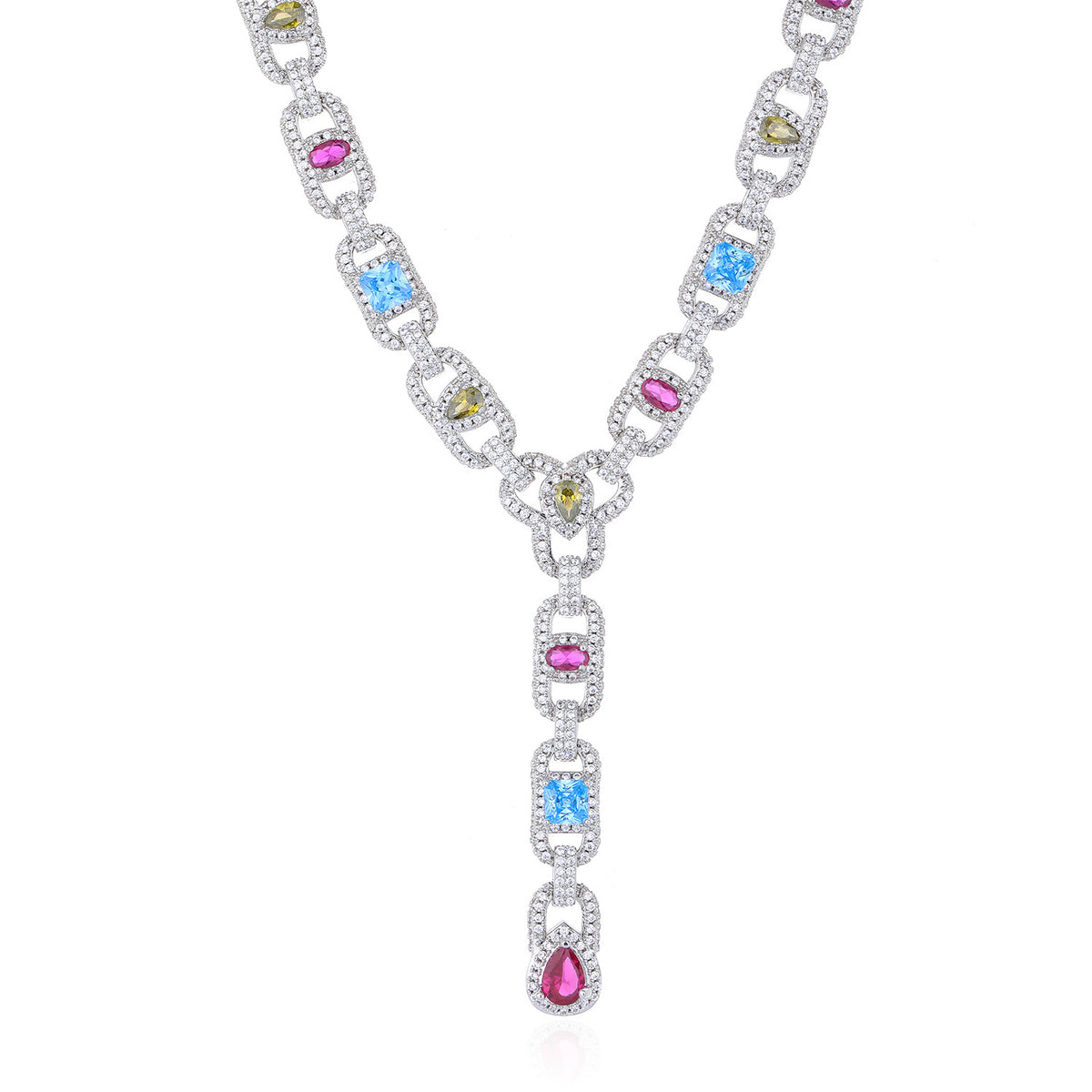 Silver-tone lariat necklace front detail with blue, pink and pale-yellow stones