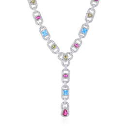 Silver-tone lariat necklace front detail with blue, pink and pale-yellow stones