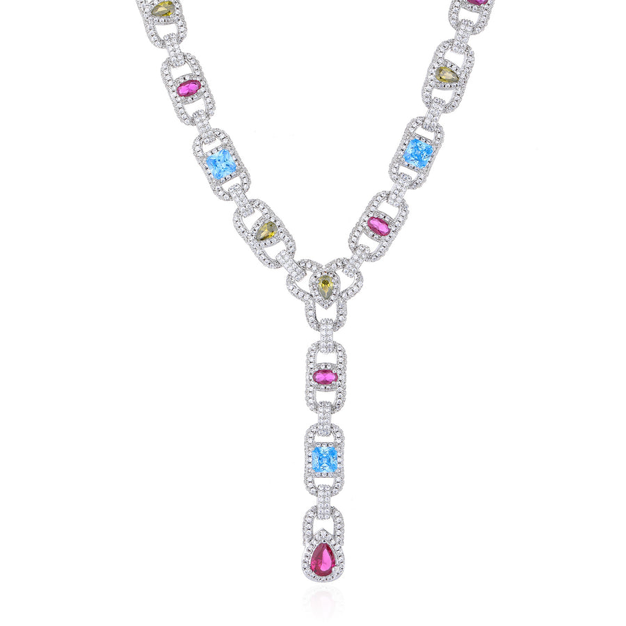 Silver-tone lariat necklace front detail with blue, pink and pale-yellow stones