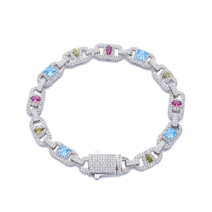 Silver-tone multicolor open link bracelet with a stone-set box clasp on white