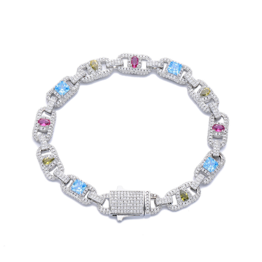 Silver-tone multicolor open link bracelet with a stone-set box clasp on white