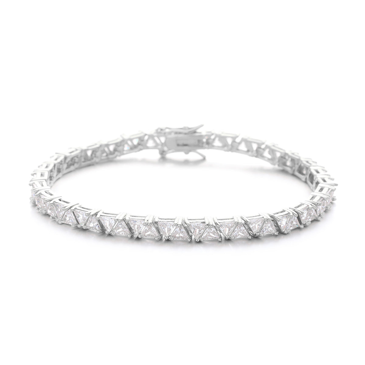 Silver-tone triangle tennis bracelet with its clasp visible on white