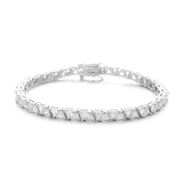 Silver-tone triangle tennis bracelet with its clasp visible on white