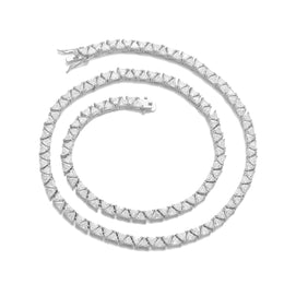 Silver-tone triangle tennis chain coiled on white with its open clasp visible