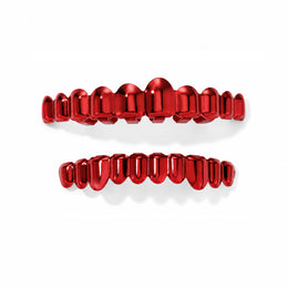 Red upper and lower grillz shown separately from the front