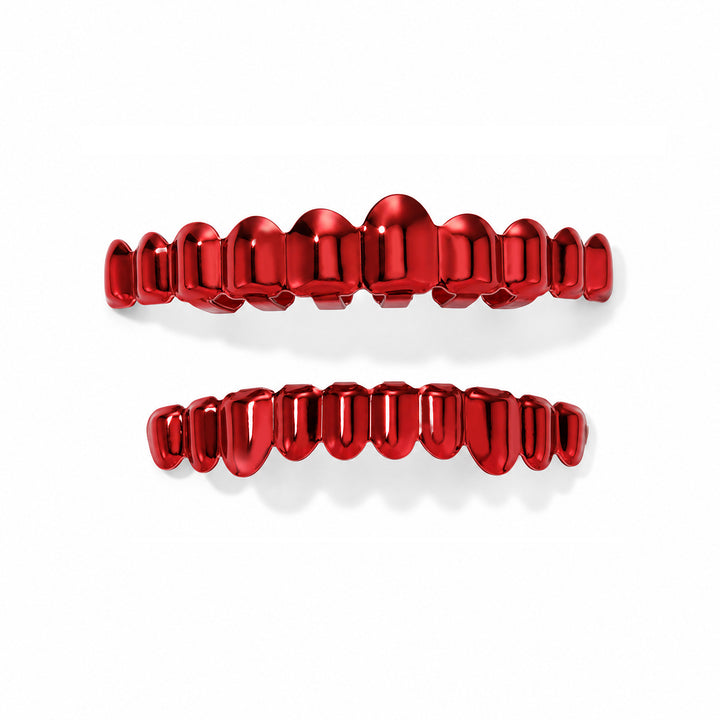 Red upper and lower grillz shown separately from the front