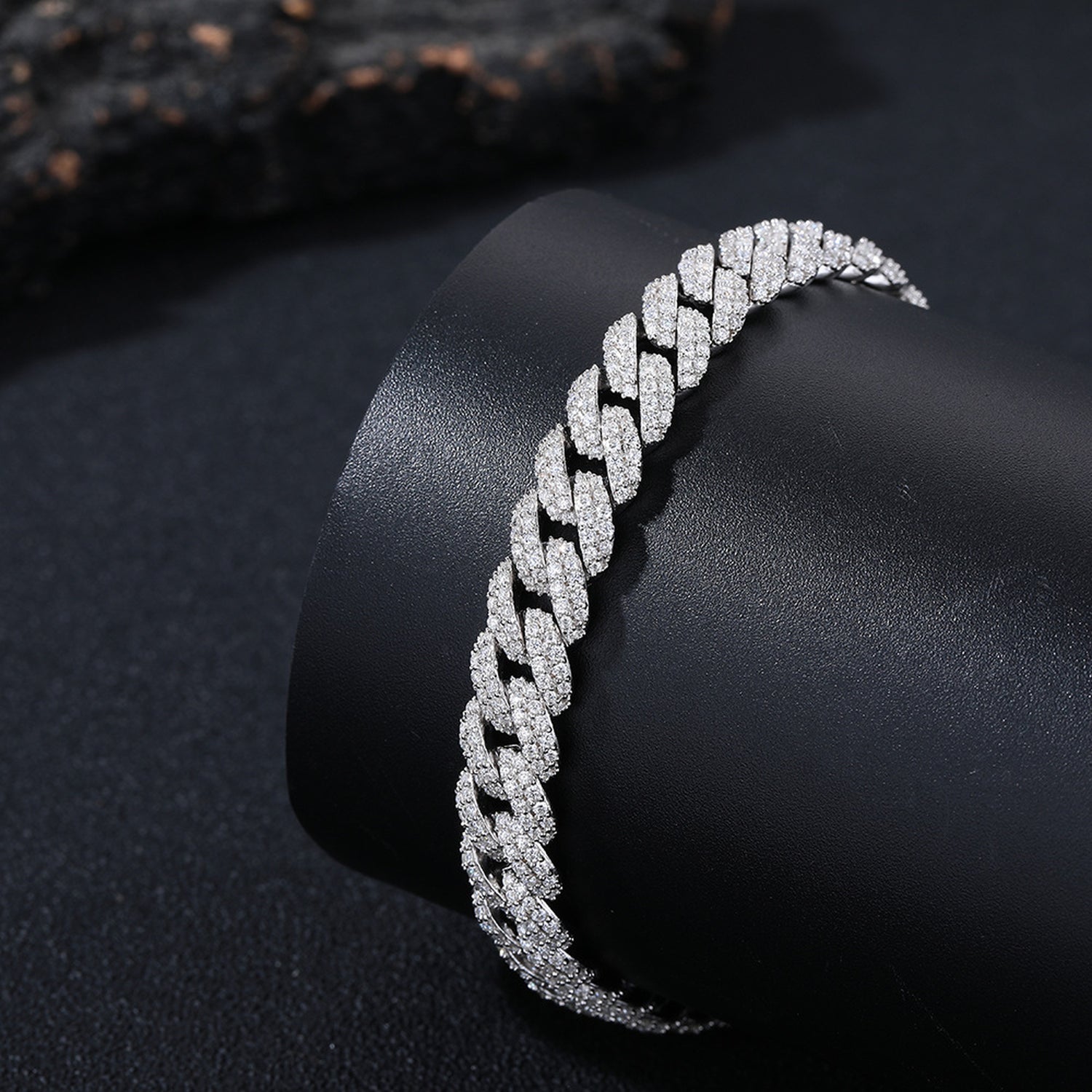 10mm moissanite Cuban bracelet on a black display