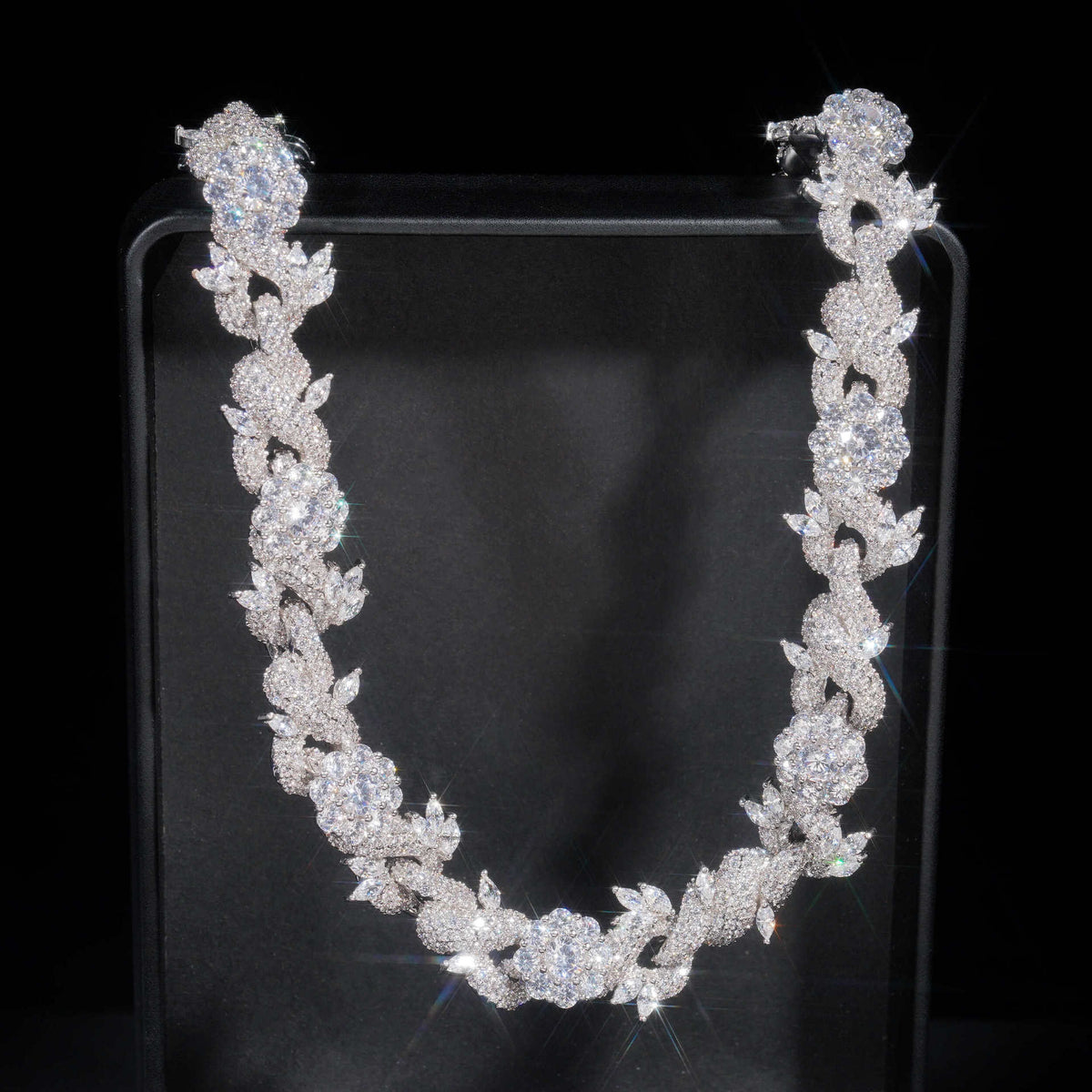 Front view of the 15mm silver iced flower Cuban chain
