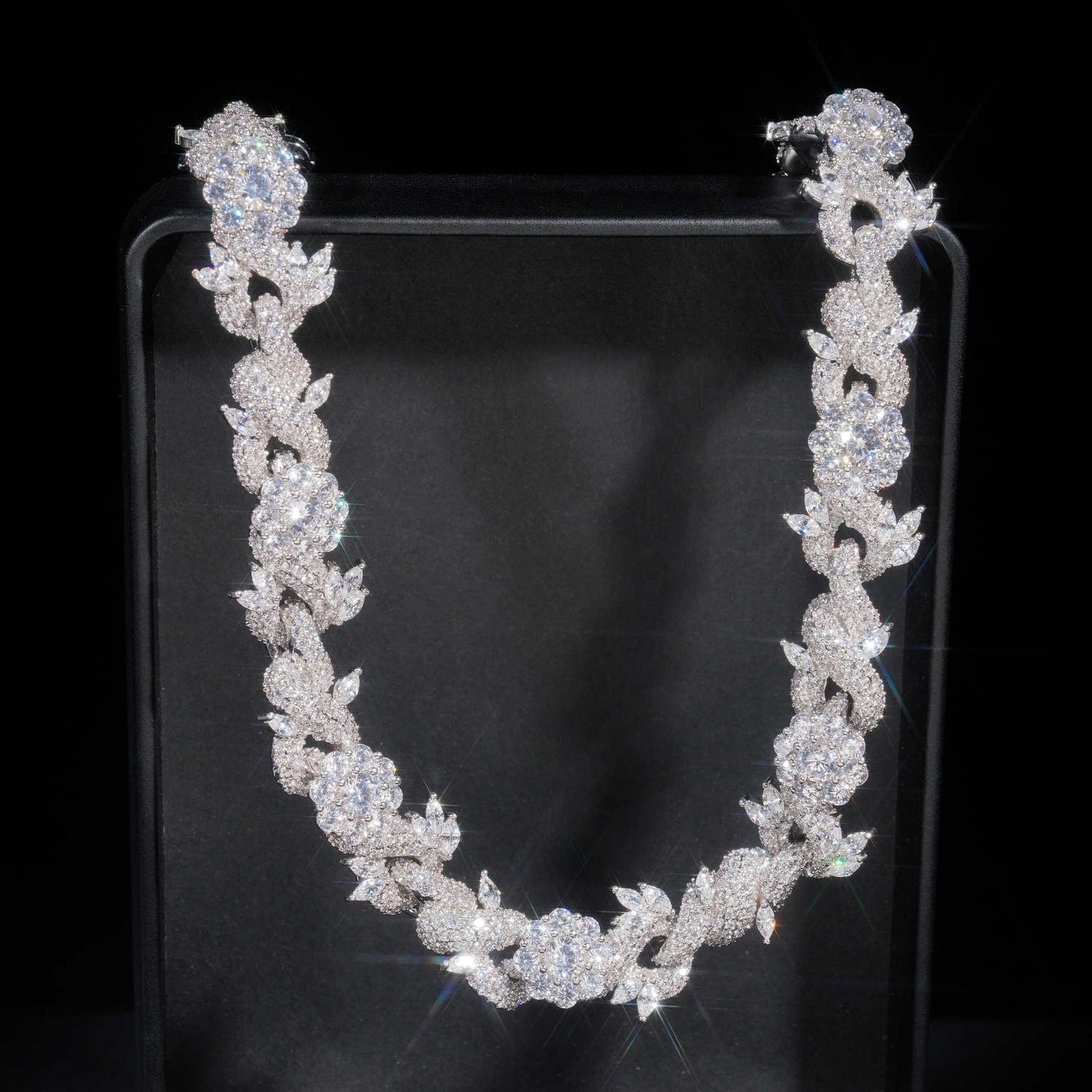 Front view of the 15mm silver iced flower Cuban chain