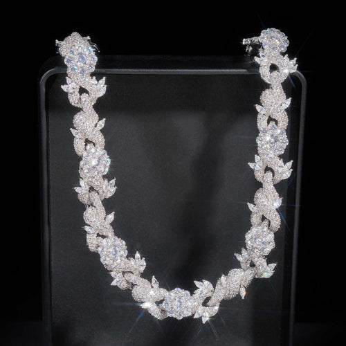 Front view of the 15mm silver iced flower Cuban chain