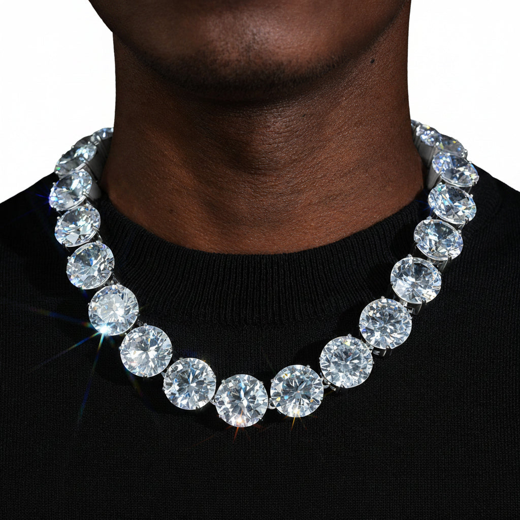 20mm silver bold tennis chain worn by a deep-brown model