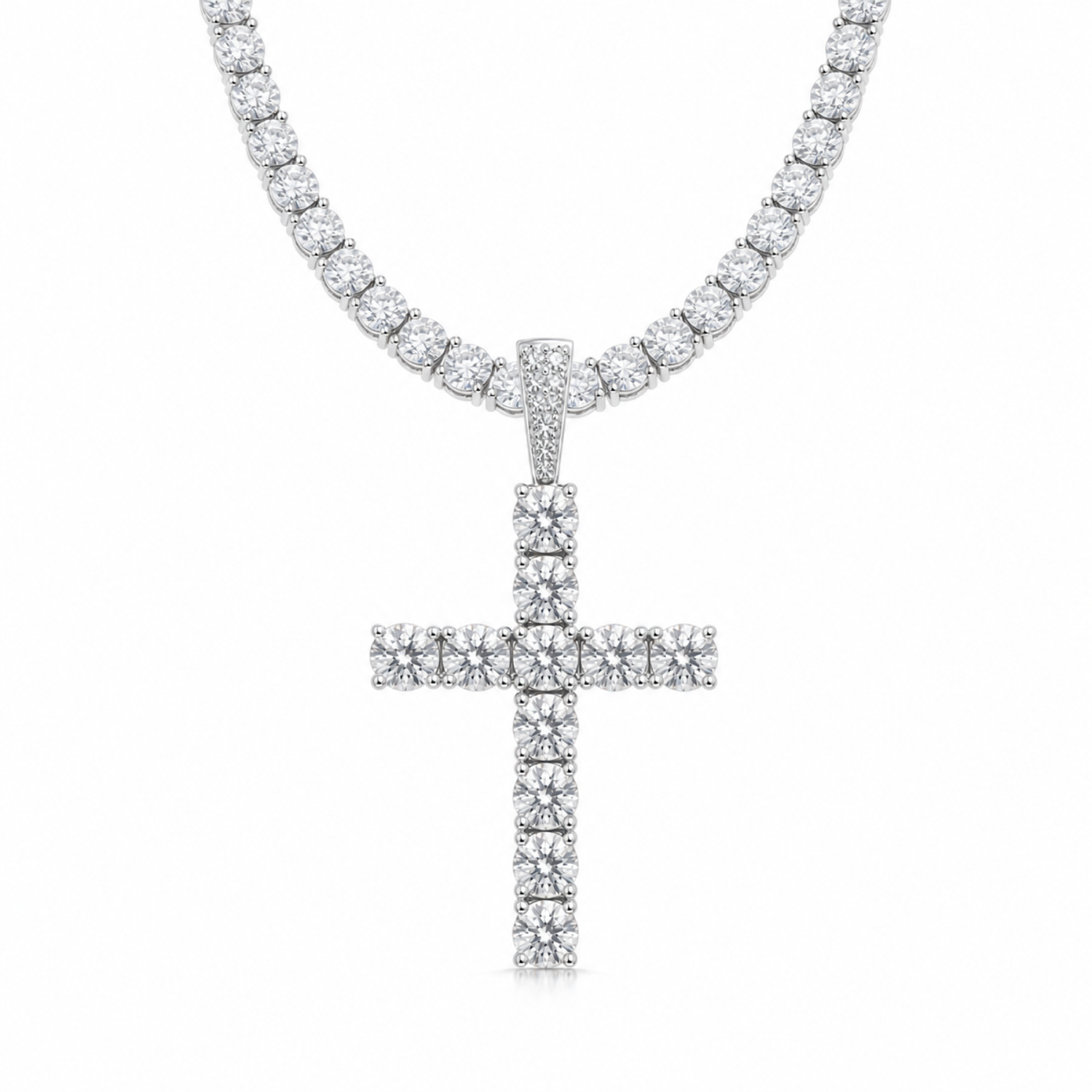 5mm moissanite cross pendant with 4mm tennis chain on white