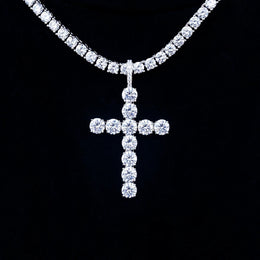 Front view of 6.5mm moissanite cross pendant in silver finish