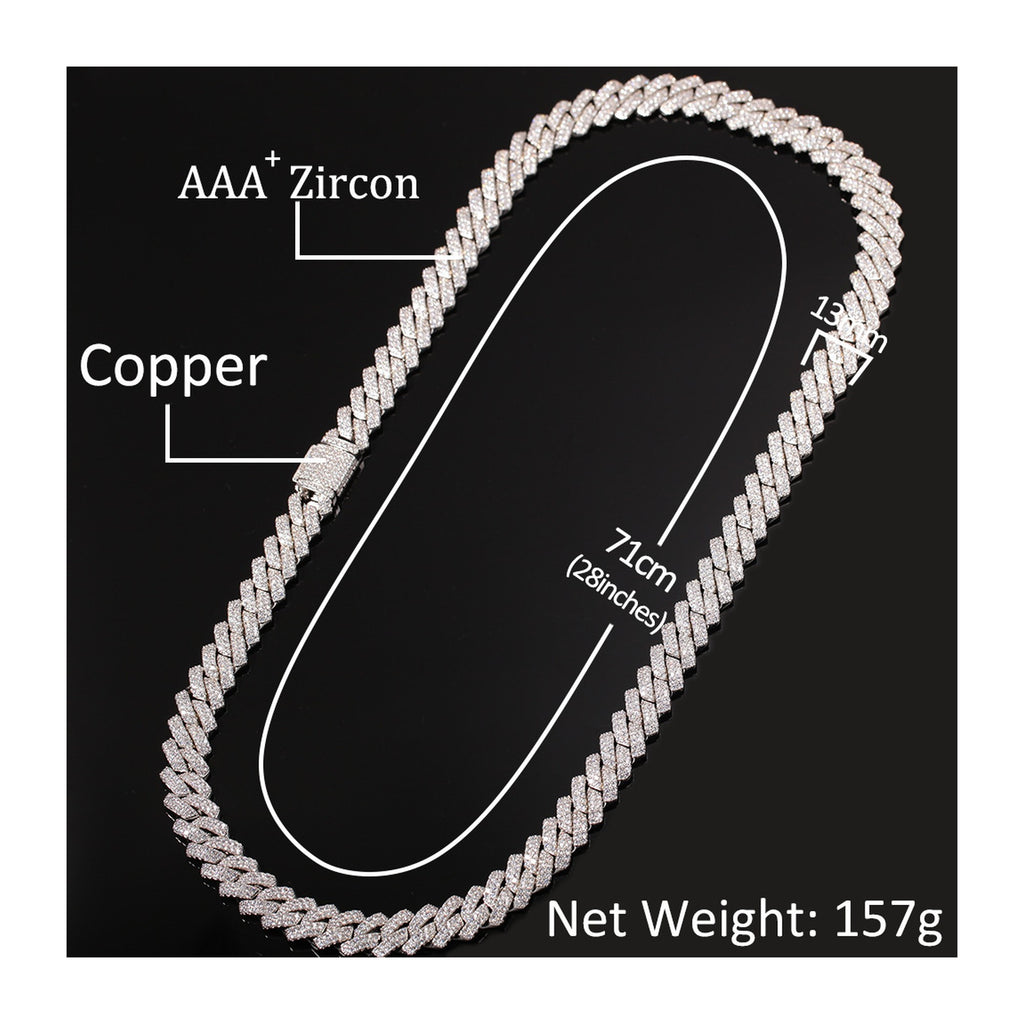 13mm iced geometric Cuban chain bracelet and necklace on white background