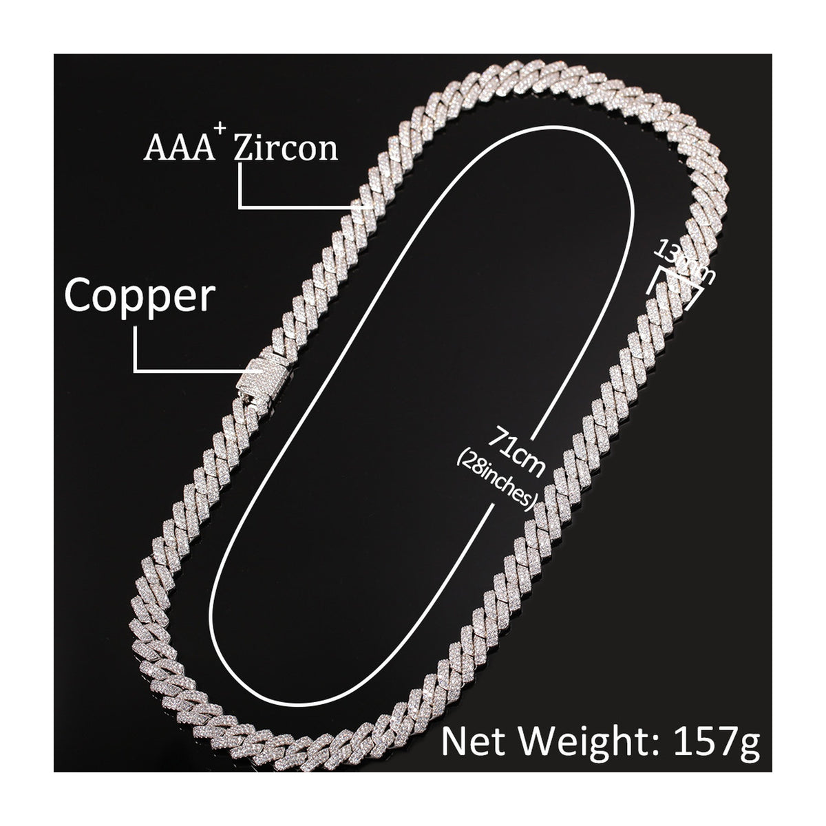 13mm iced geometric Cuban chain bracelet and necklace on white background