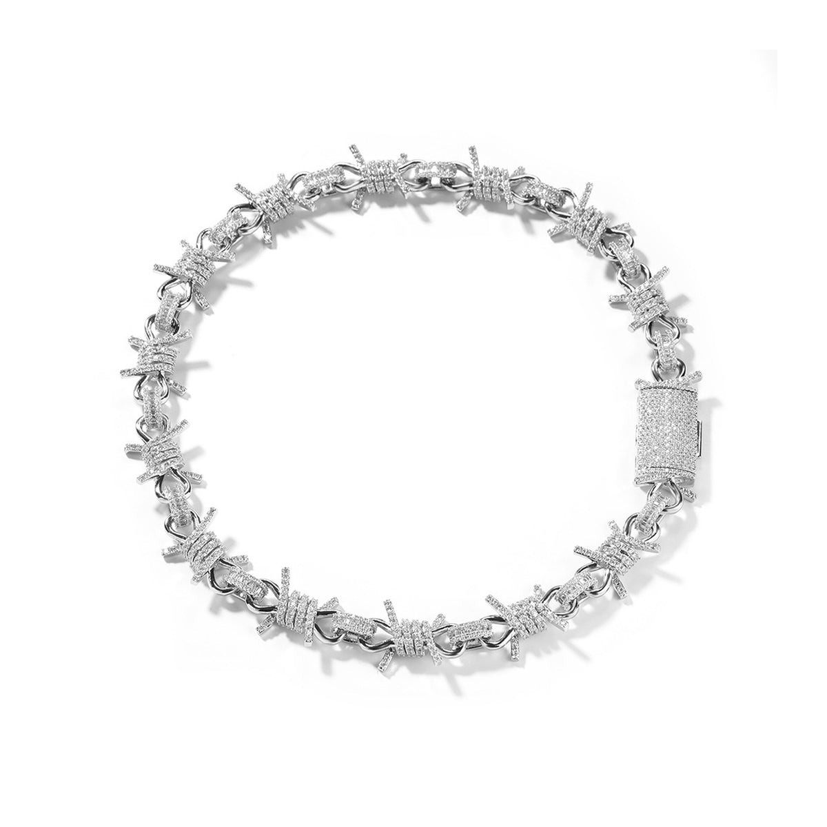 Silver iced barbed wire chain necklace on white background