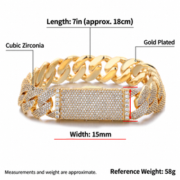 Gold-tone Cuban bracelet measurement diagram with length, width and reference weight