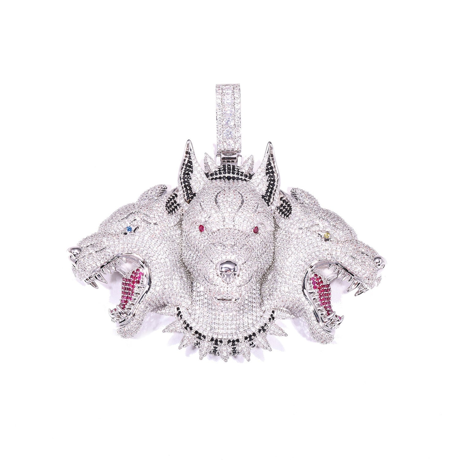 Silver iced Cerberus three-head pendant front view on white