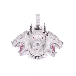 Silver iced Cerberus three-head pendant front view on white