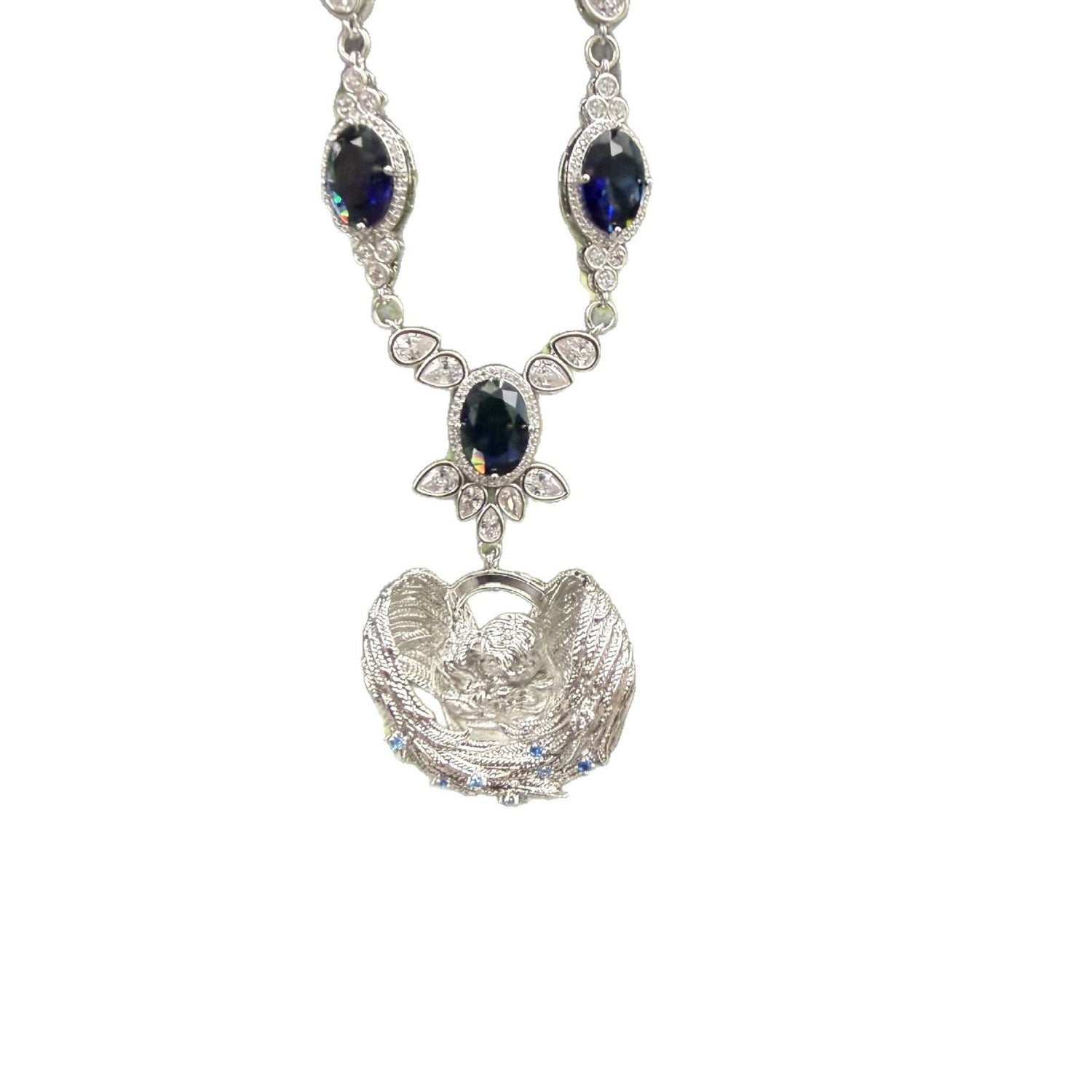 Front view of the fixed angel and wing Cupid centerpiece on the 20-inch blue necklace