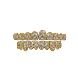 Gold 10-tooth micro-pavé CZ upper and lower grillz on white