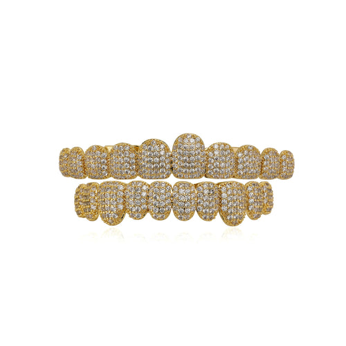 Gold 10-tooth micro-pavé CZ upper and lower grillz on white