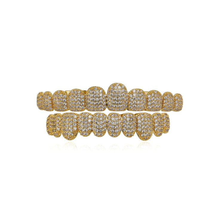 Gold 10-tooth micro-pavé CZ upper and lower grillz on white