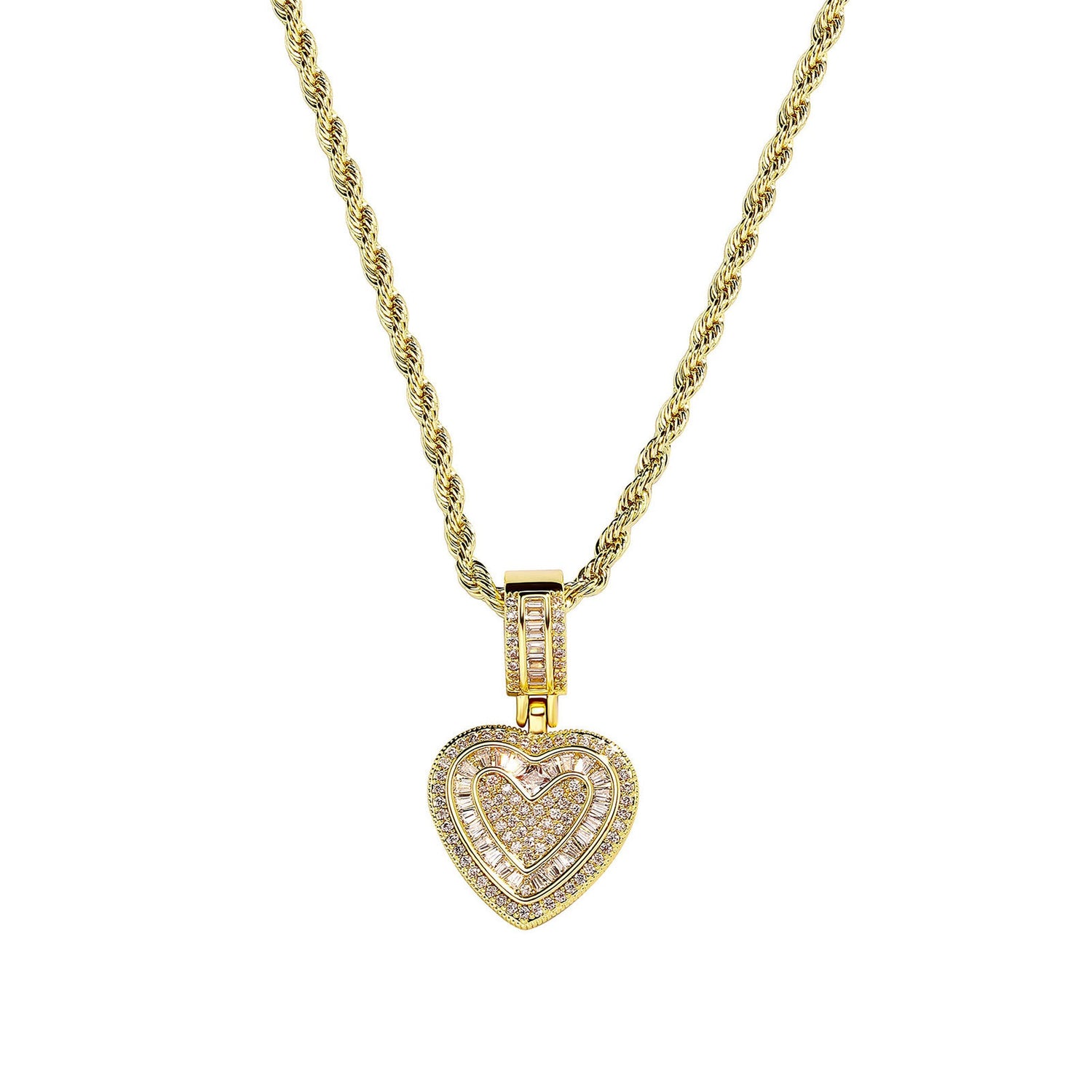 Gold baguette iced double heart pendant with white cubic zirconia