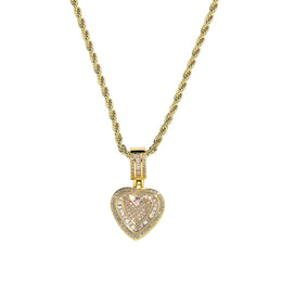 Gold baguette iced double heart pendant with white cubic zirconia