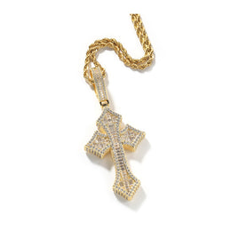 Gold iced cross pendant with zircon stones and rope chain