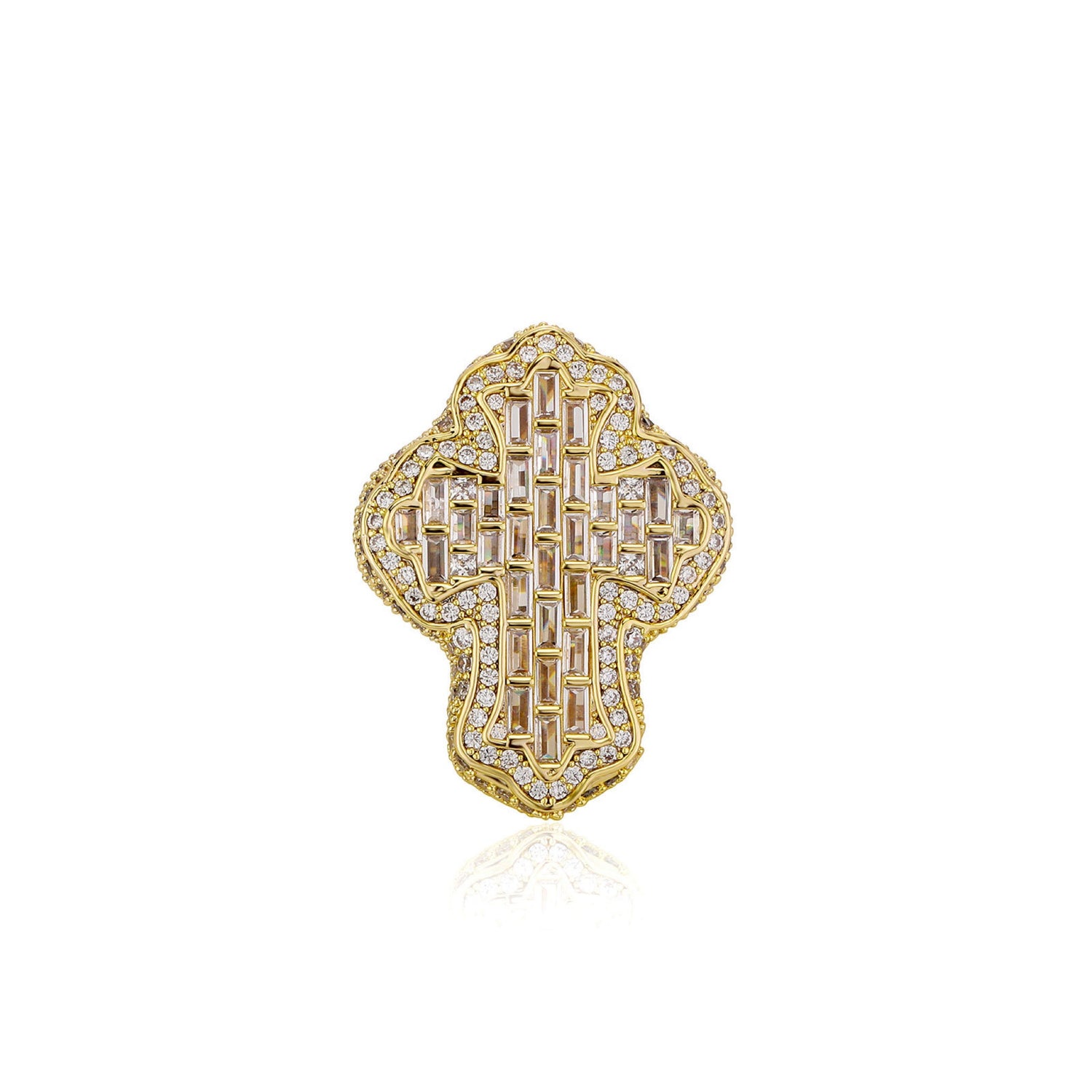 Gold 40mm vintage iced baguette cross ring on white