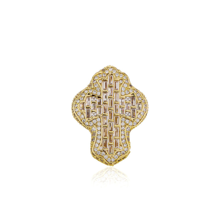 Gold 40mm vintage iced baguette cross ring on white