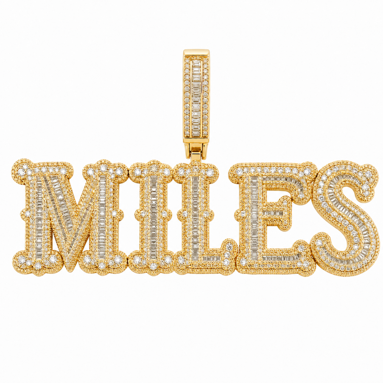 Gold custom MILES linked letter pendant with baguette zircon stones