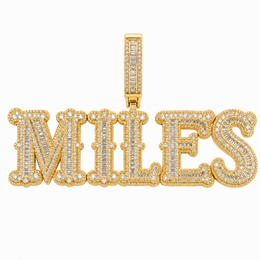 Gold custom MILES linked letter pendant with baguette zircon stones
