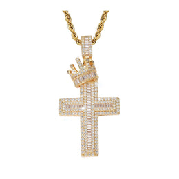 Gold iced baguette cut crown cross pendant on white