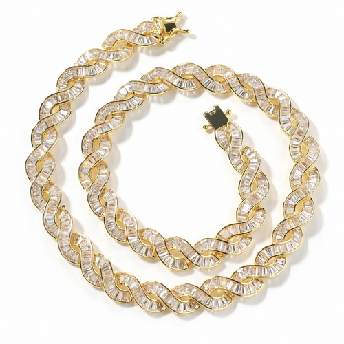 Gold-tone DNA spiral necklace with baguette stones and open clasp on white