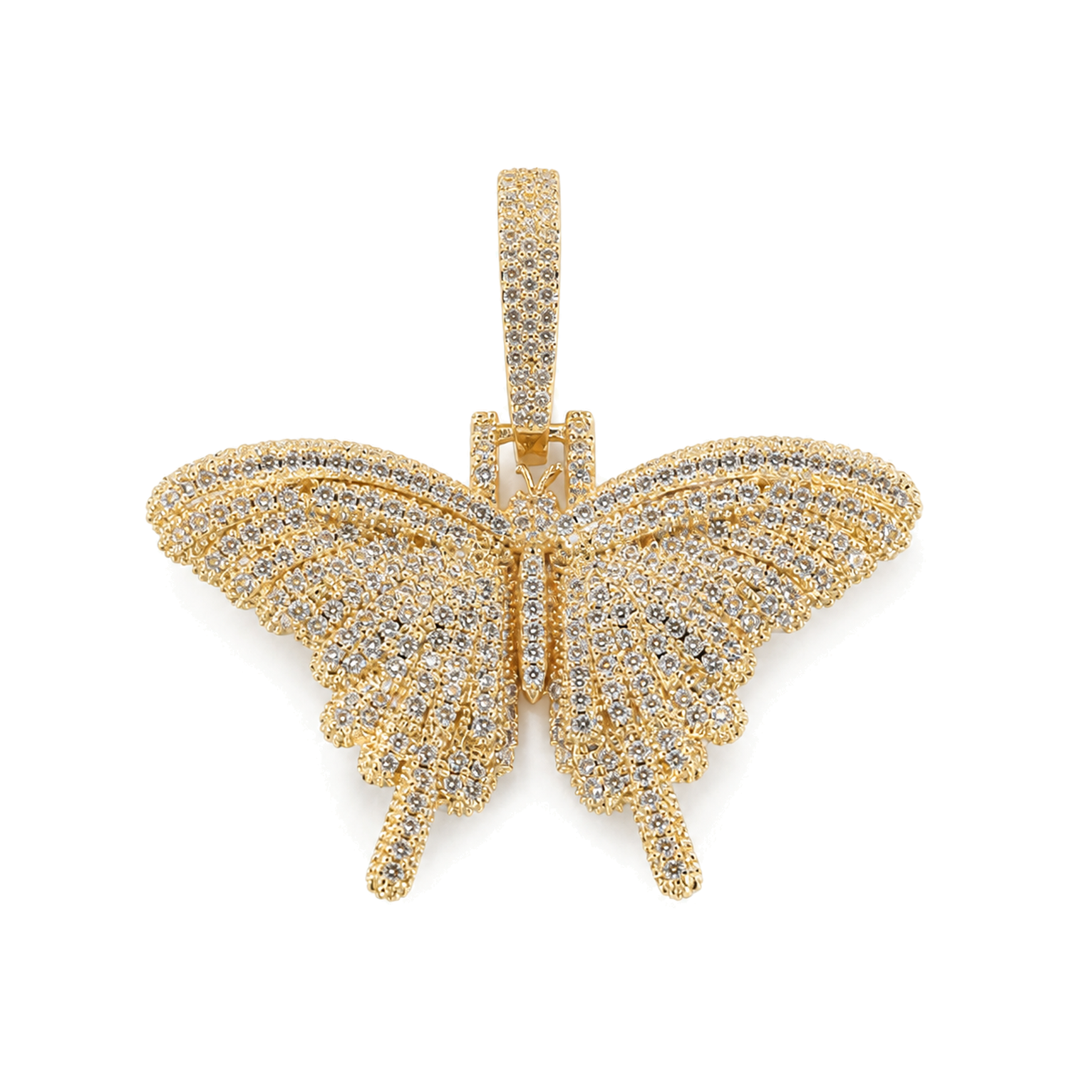 Gold mini solid iced butterfly pendant with clear cubic zirconia on white