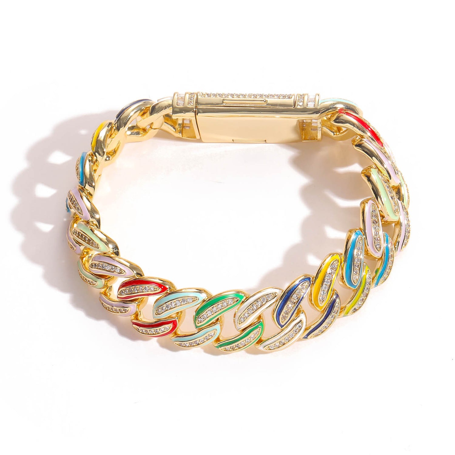 Gold 15mm multicolor enamel iced Cuban bracelet on white