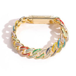 Gold 15mm multicolor enamel iced Cuban bracelet on white