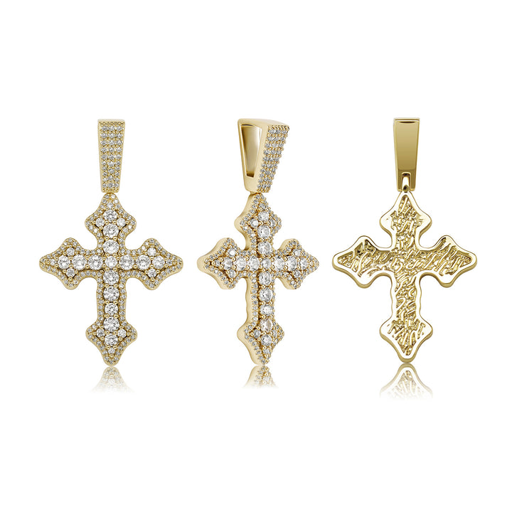 Gold iced vintage cross pendant front side and back views