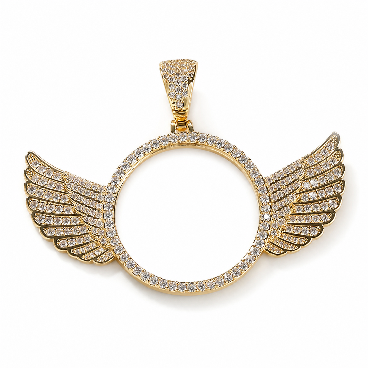 Gold 45mm winged custom photo pendant with cubic zirconia frame