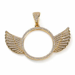 Gold 45mm winged custom photo pendant with cubic zirconia frame