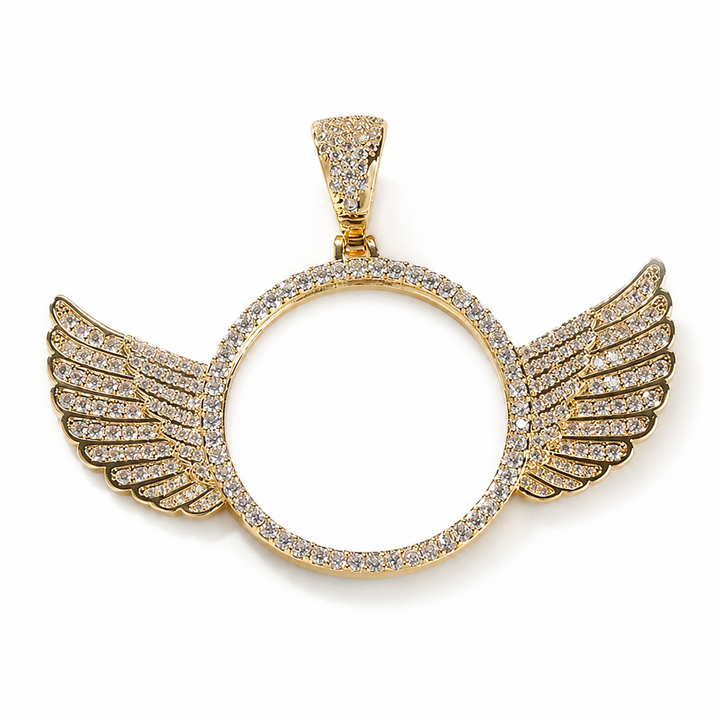 Gold 45mm winged custom photo pendant with cubic zirconia frame